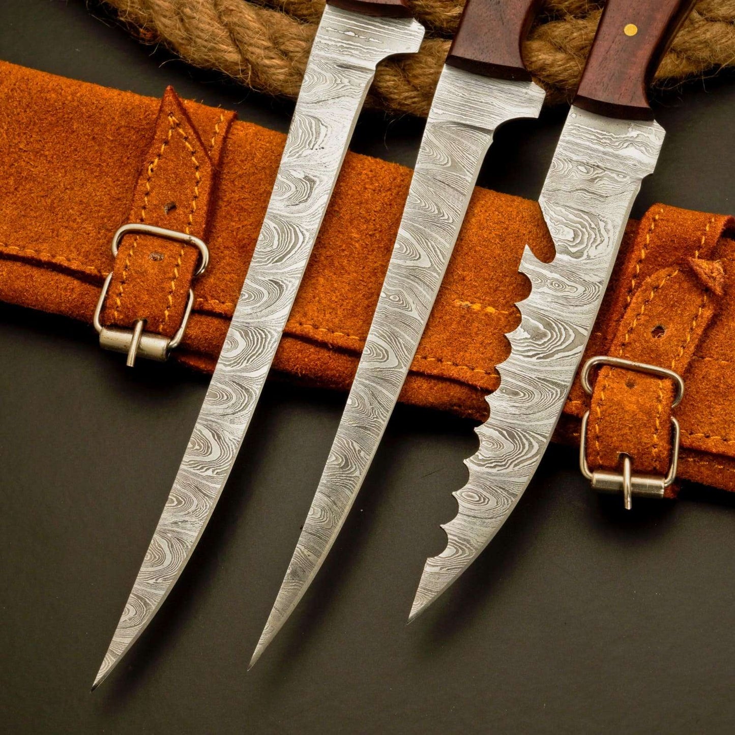 3 Pc Fillet Knife set Handmade Damascus Steel Fishing Knife Best Gift For Fishing Lover Personalized Knife Anniversary Gift For Husband