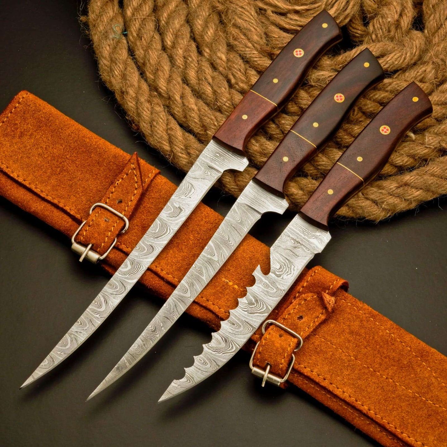 3 Pc Fillet Knife set Handmade Damascus Steel Fishing Knife Best Gift For Fishing Lover Personalized Knife Anniversary Gift For Husband