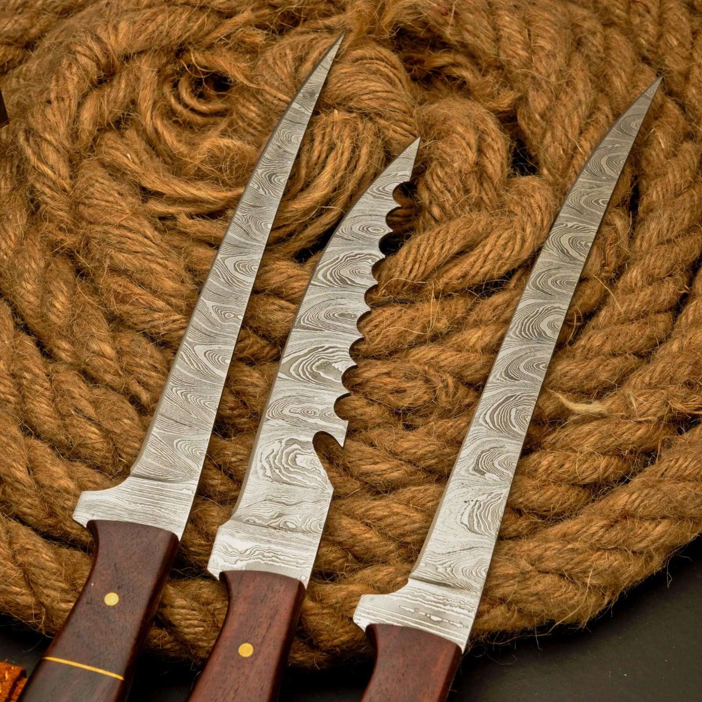 3 Pc Fillet Knife set Handmade Damascus Steel Fishing Knife Best Gift For Fishing Lover Personalized Knife Anniversary Gift For Husband