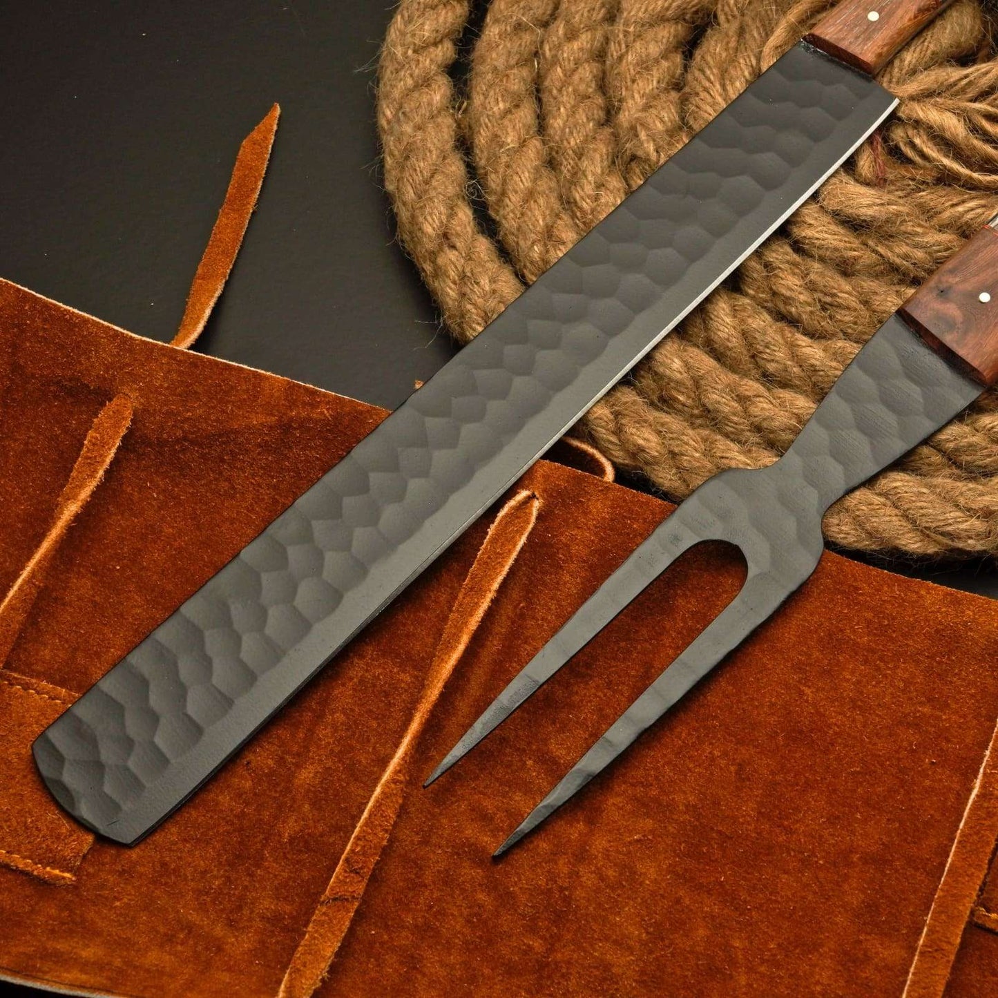 Premium Brisket Slicing Knife & Fork Set Leather Roll Kit BBQ Smoking Carving Gift Gift for Pitmasters Meat Slicing Set Birthday Gift