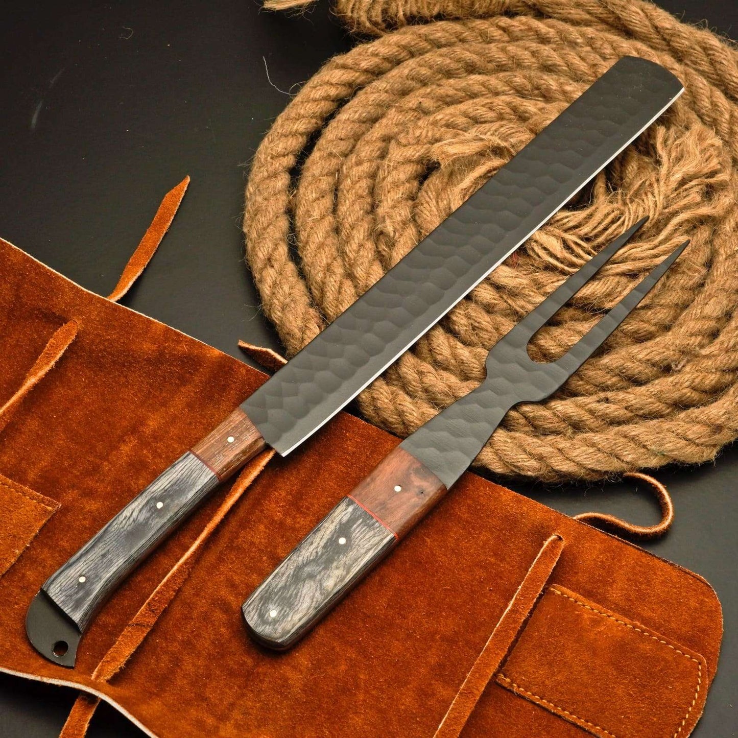 Premium Brisket Slicing Knife & Fork Set Leather Roll Kit BBQ Smoking Carving Gift Gift for Pitmasters Meat Slicing Set Birthday Gift