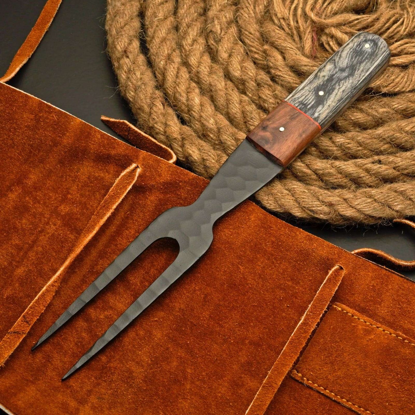 Premium Brisket Slicing Knife & Fork Set Leather Roll Kit BBQ Smoking Carving Gift Gift for Pitmasters Meat Slicing Set Birthday Gift