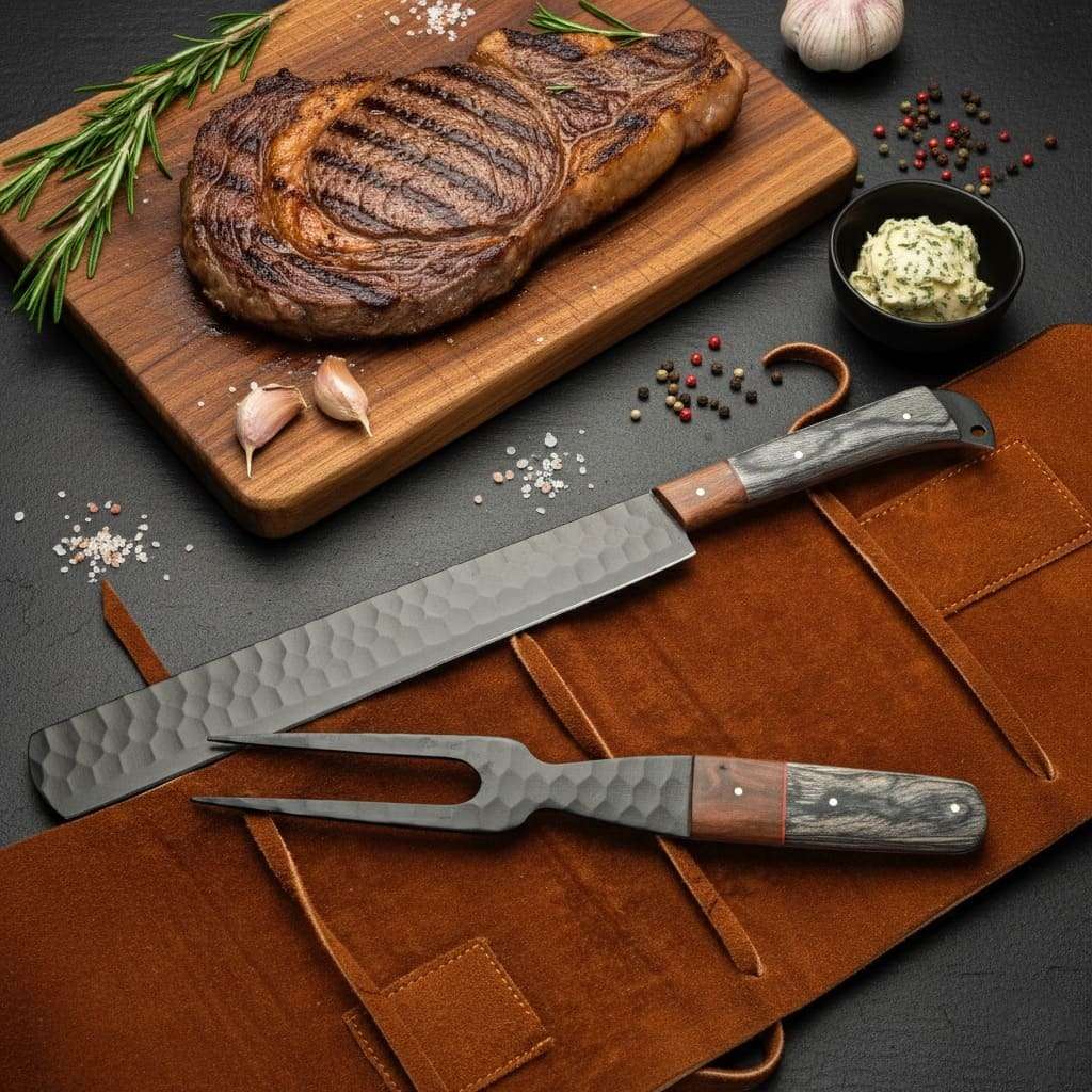 Premium Brisket Slicing Knife & Fork Set Leather Roll Kit BBQ Smoking Carving Gift Gift for Pitmasters Meat Slicing Set Birthday Gift