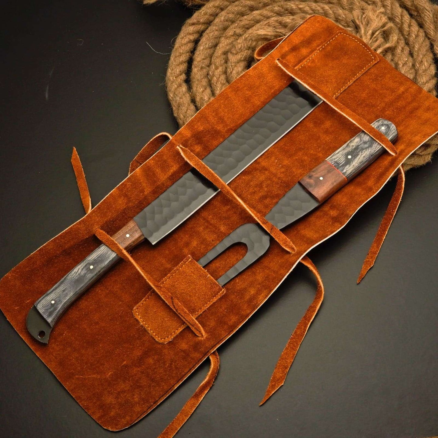 Premium Brisket Slicing Knife & Fork Set Leather Roll Kit BBQ Smoking Carving Gift Gift for Pitmasters Meat Slicing Set Birthday Gift