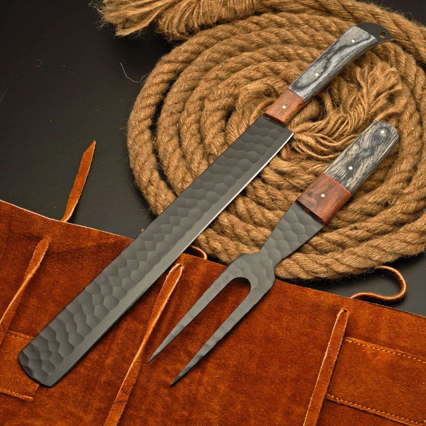 Premium Brisket Slicing Knife & Fork Set Leather Roll Kit BBQ Smoking Carving Gift Gift for Pitmasters Meat Slicing Set Birthday Gift