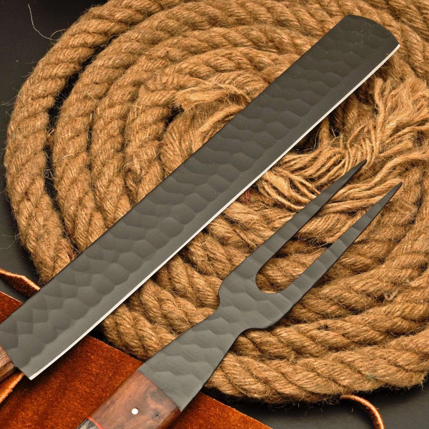 Premium Brisket Slicing Knife & Fork Set Leather Roll Kit BBQ Smoking Carving Gift Gift for Pitmasters Meat Slicing Set Birthday Gift