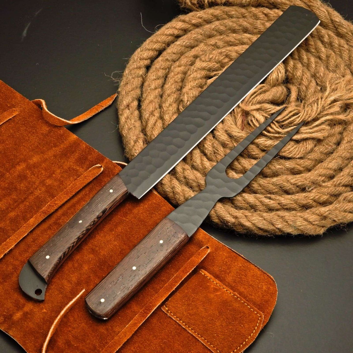 Premium Brisket Slicing Knife & Fork Set Leather Roll Kit BBQ Smoking Carving Gift Gift for Pitmasters Meat Slicing Set Birthday Gift