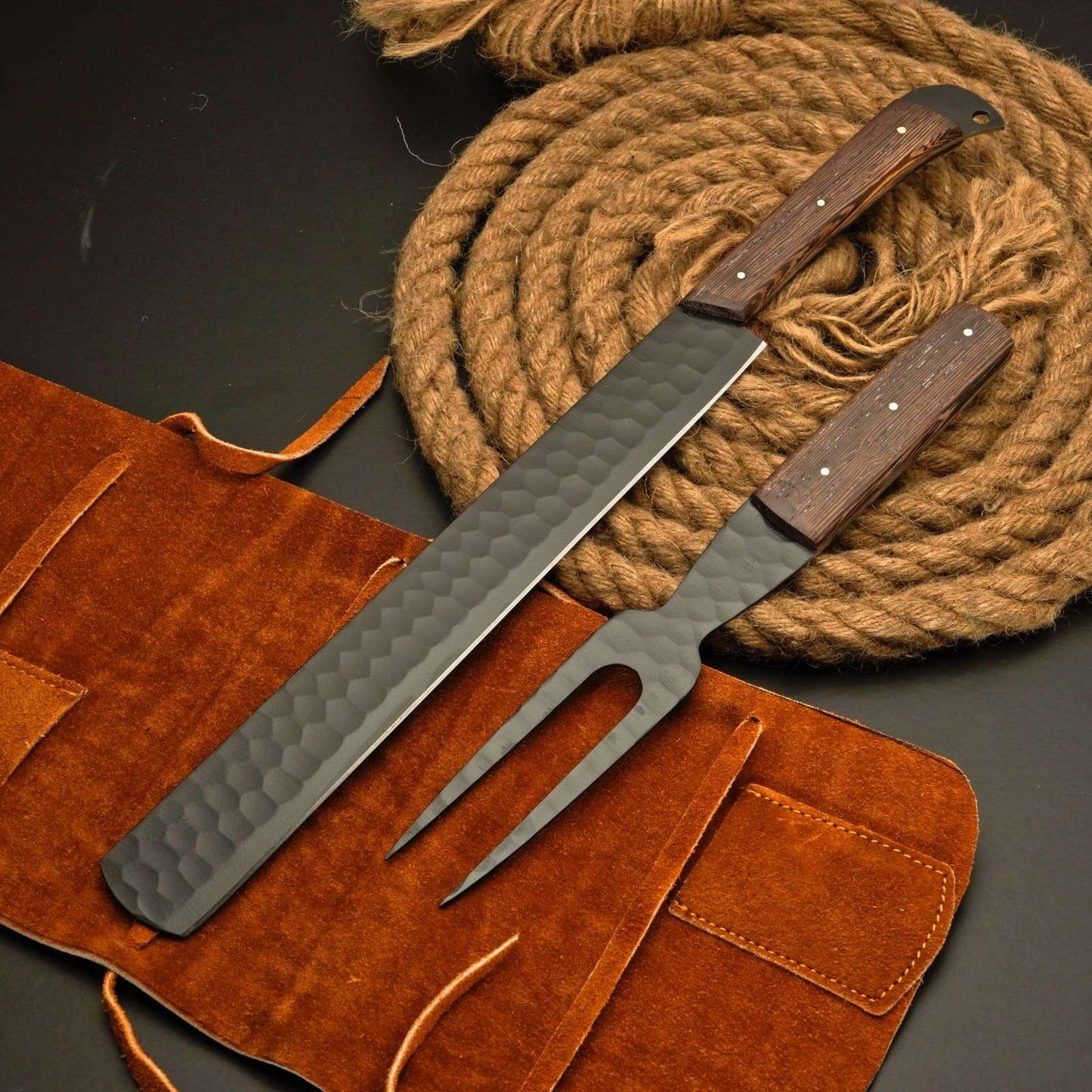 Premium Brisket Slicing Knife & Fork Set Leather Roll Kit BBQ Smoking Carving Gift Gift for Pitmasters Meat Slicing Set Birthday Gift