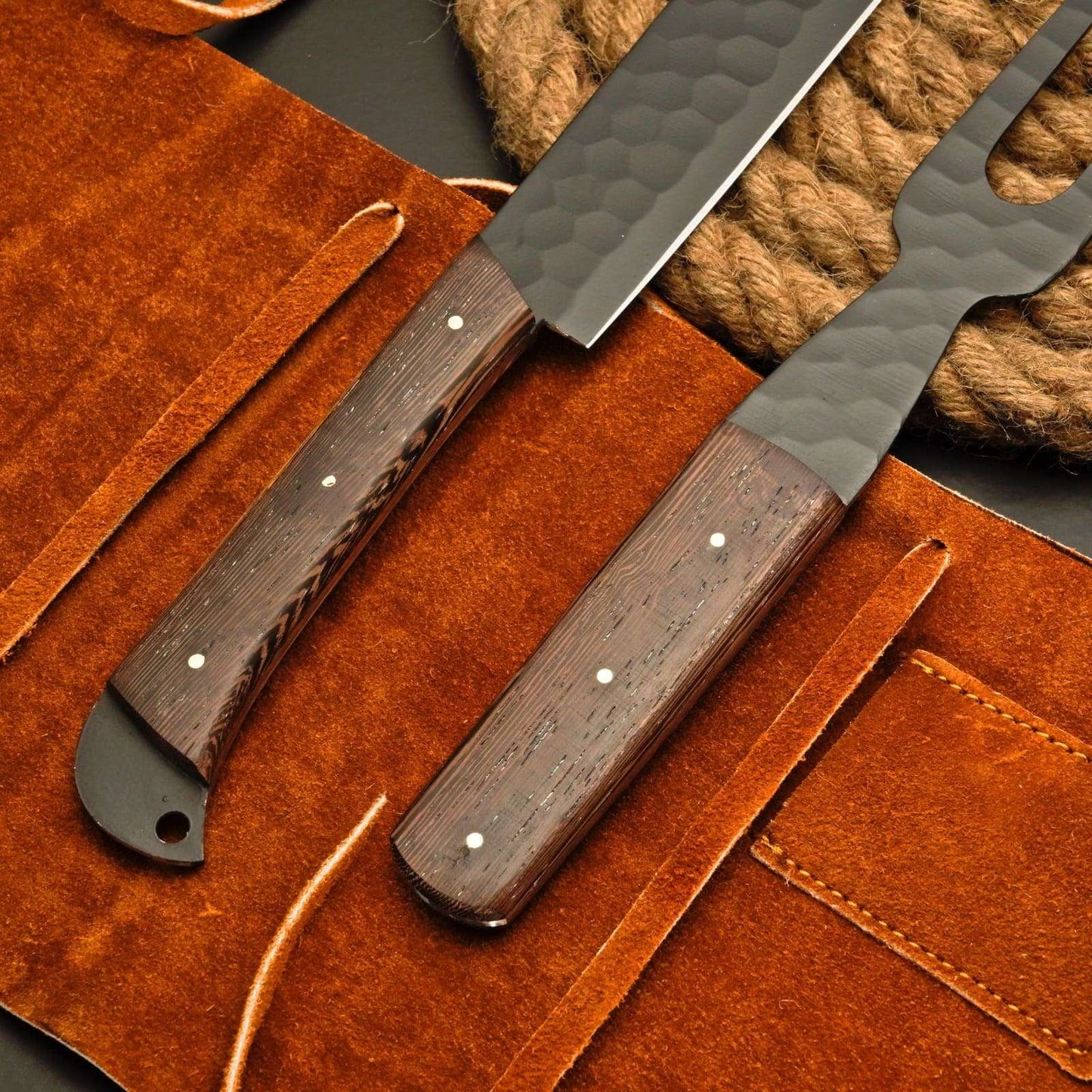 Premium Brisket Slicing Knife & Fork Set Leather Roll Kit BBQ Smoking Carving Gift Gift for Pitmasters Meat Slicing Set Birthday Gift