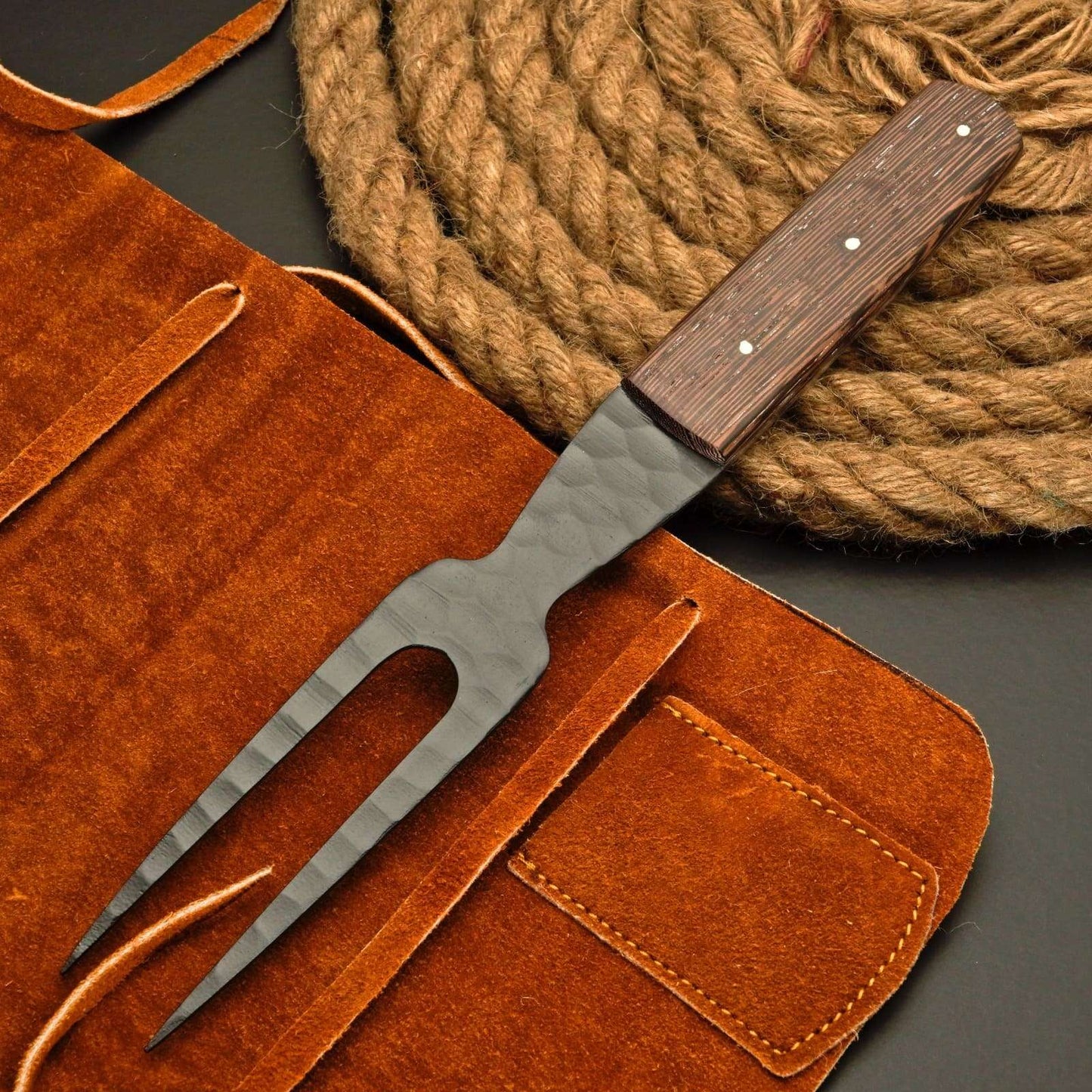 Premium Brisket Slicing Knife & Fork Set Leather Roll Kit BBQ Smoking Carving Gift Gift for Pitmasters Meat Slicing Set Birthday Gift