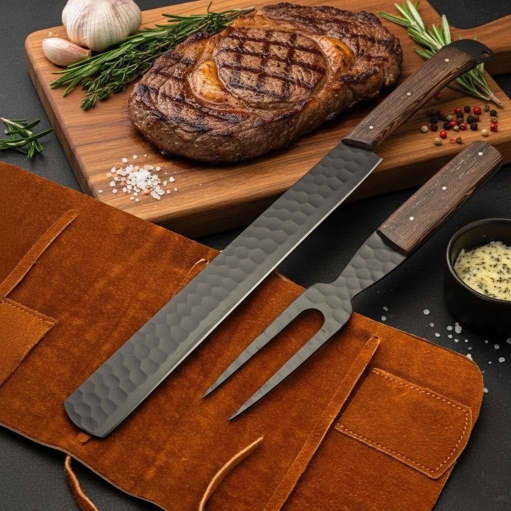 Premium Brisket Slicing Knife & Fork Set Leather Roll Kit BBQ Smoking Carving Gift Gift for Pitmasters Meat Slicing Set Birthday Gift