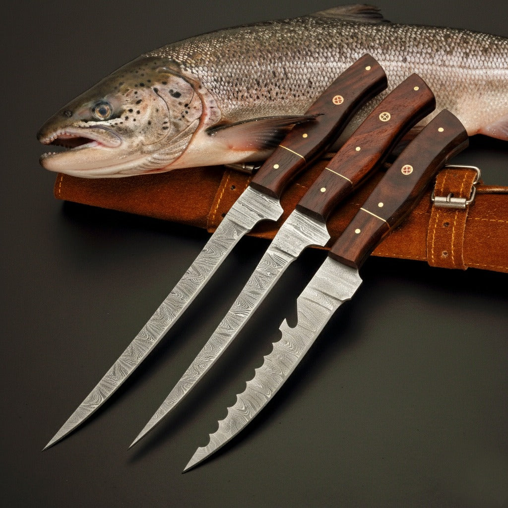 3 Pc Fillet Knife set Handmade Damascus Steel Fishing Knife Best Gift For Fishing Lover Personalized Knife Anniversary Gift For Husband